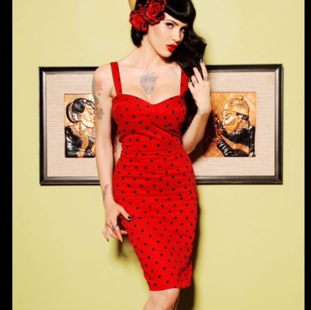 Pinup girl clothing Red and black polkadot wiggle dress deadly dames